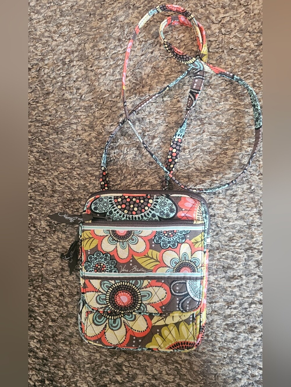 VERA BRADLEY Small Cross body fabric Boho/Floral print purse Brown/teal/coral